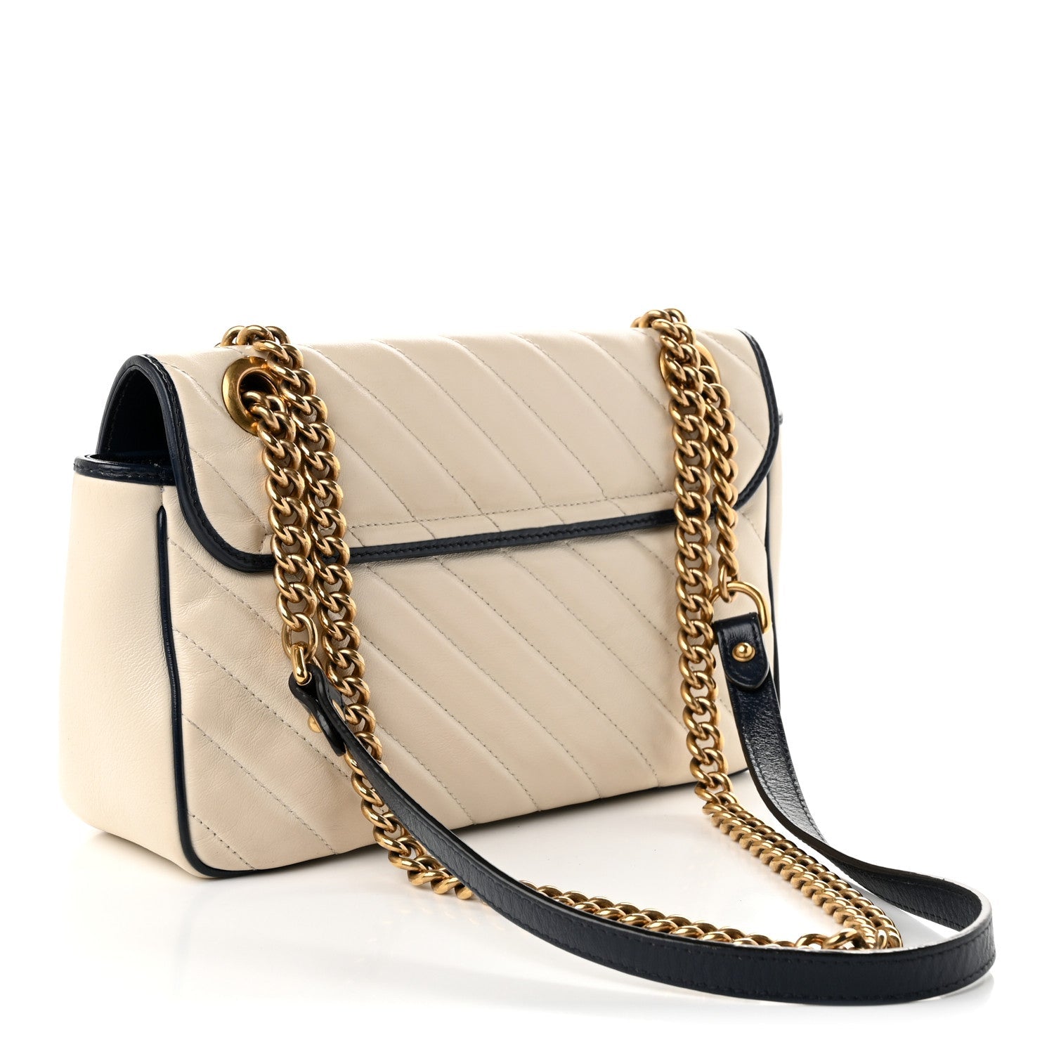 Gucci Vintage Effect Calfskin Matelasse Diagonal Small Torchon GG Marmont Shoulder Bag Mystic White Blue Agata