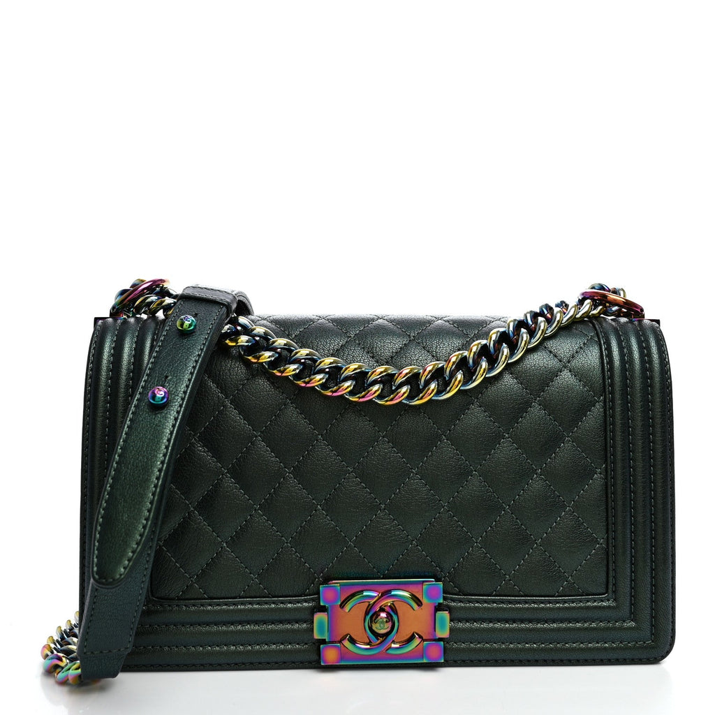 Chanel Iridescent Goatskin Quilted Medium Boy Flap Green
