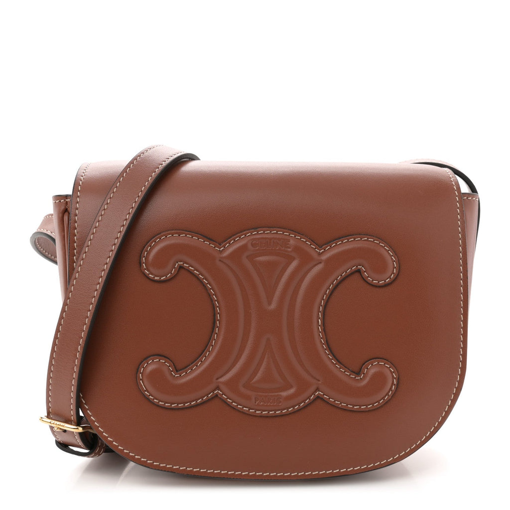 Celine Cuir Triomphe Folco Crossbody Bag Tan - Angled Front View