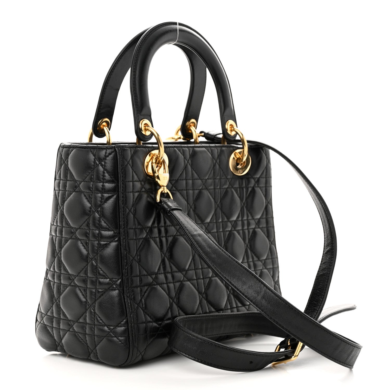 Back/side view — Dior Lady Dior Medium Bag in black lambskin cannage with gold-tone DIOR letter charms and detachable shoulder strap