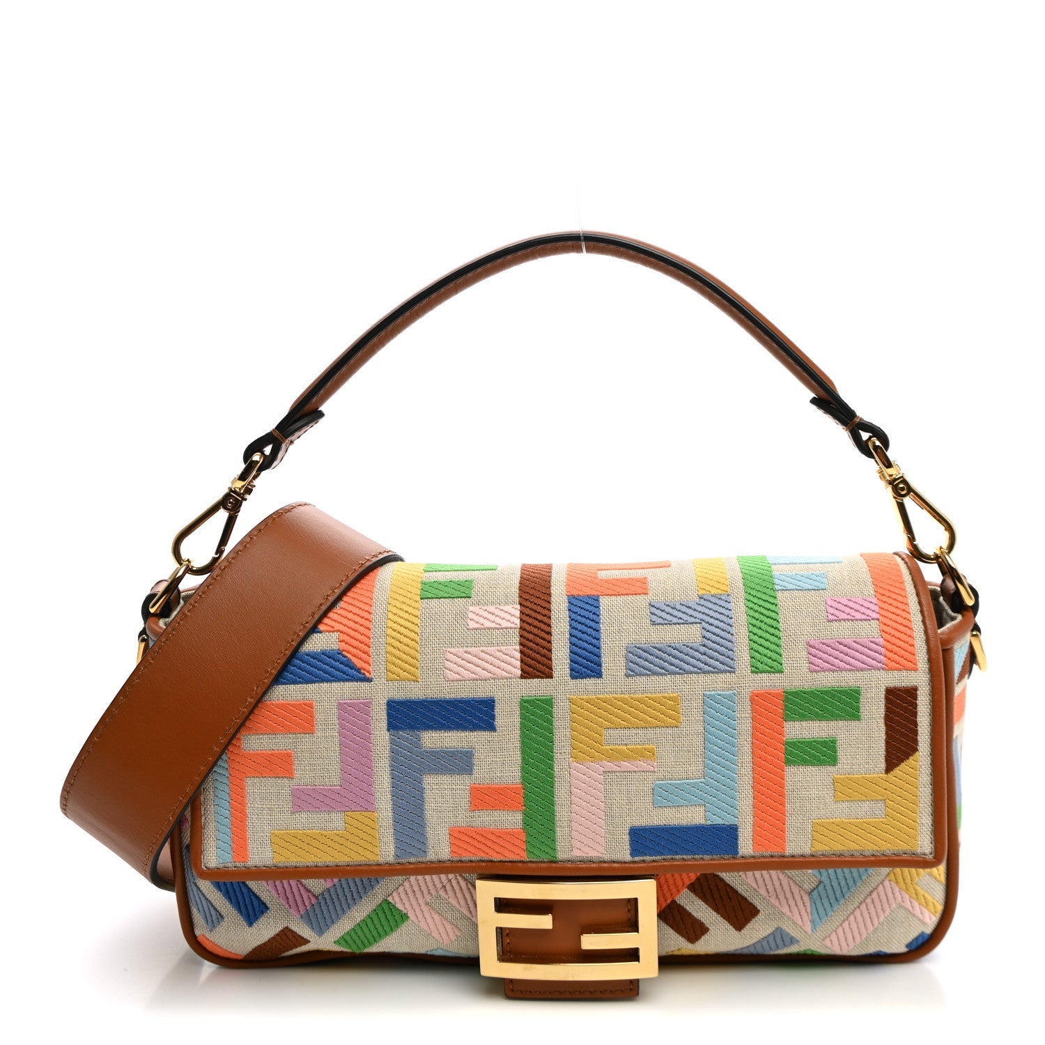 Fendi Kuban Canvas Vitello King FF Embroidered Baguette Grezzo Multicolor