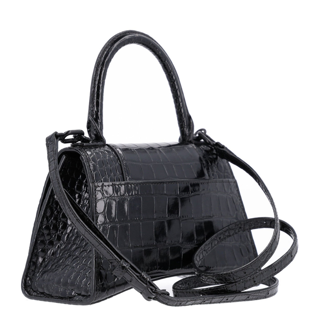 Balenciaga Shiny Calfskin Monochrome Crocodile Embossed Small Hourglass Top Handle Bag Black