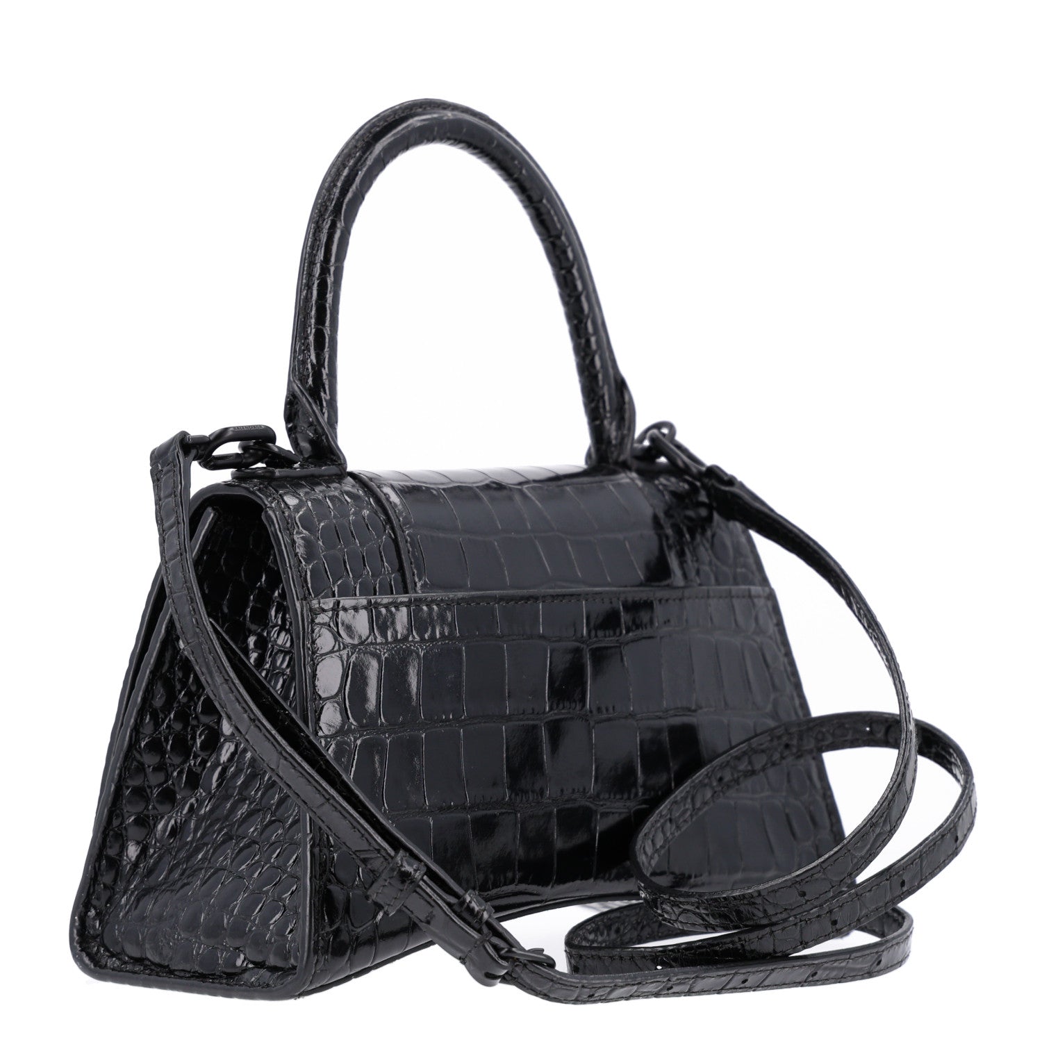 Balenciaga Shiny Calfskin Monochrome Crocodile Embossed Small Hourglass Top Handle Bag Black