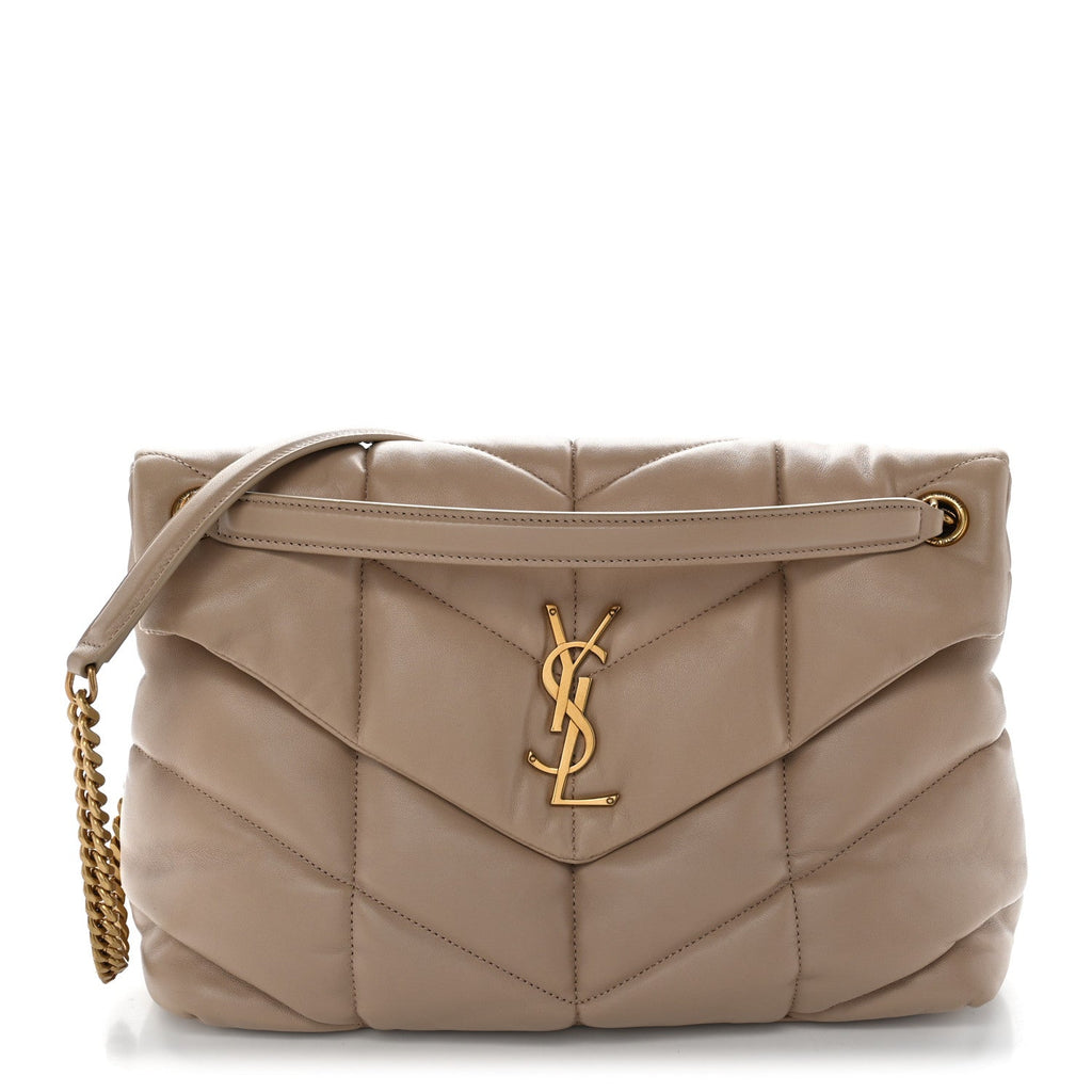 Saint Laurent Lambskin Quilted Medium Loulou Puffer Monogram Chain Satchel Dark Beige