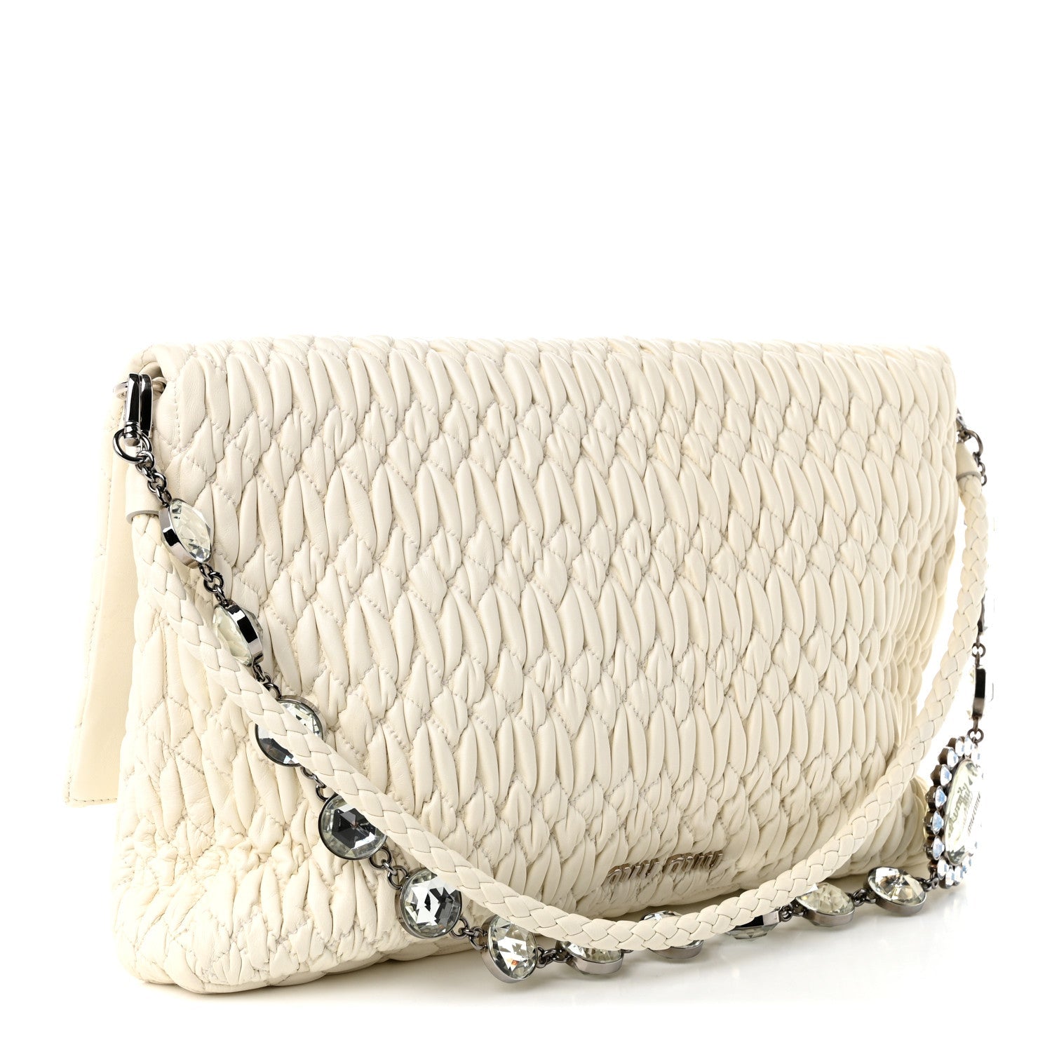 Miu Miu Nappa Matelasse Crystal Flap Clutch White