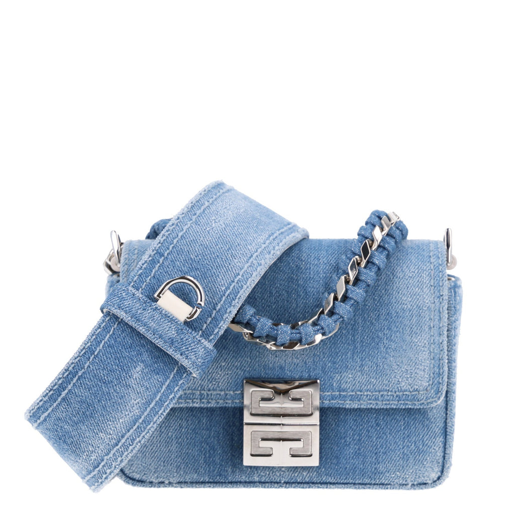 Givenchy Denim Small 4G Woven Chain Crossbody Blue front view