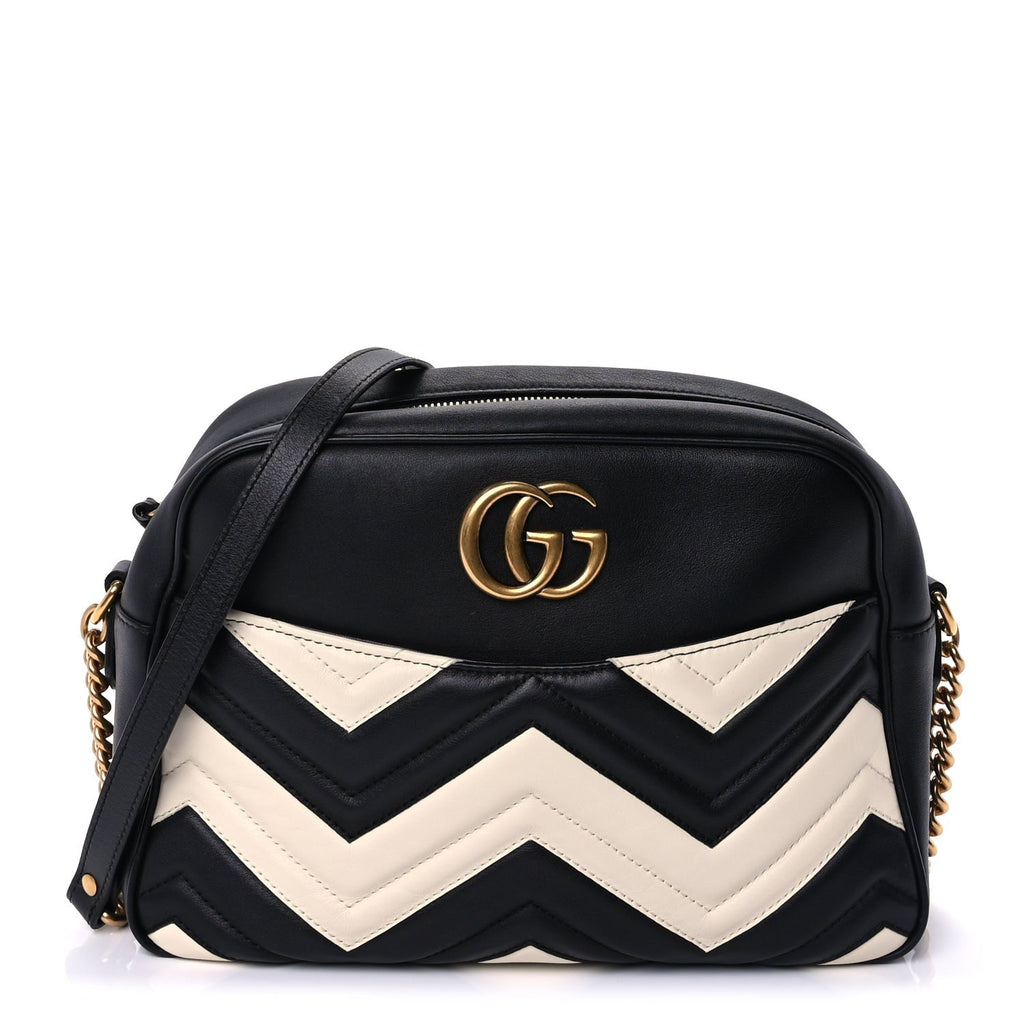 Gucci Calfskin Matelasse Medium GG Marmont Chain Shoulder Bag Black White