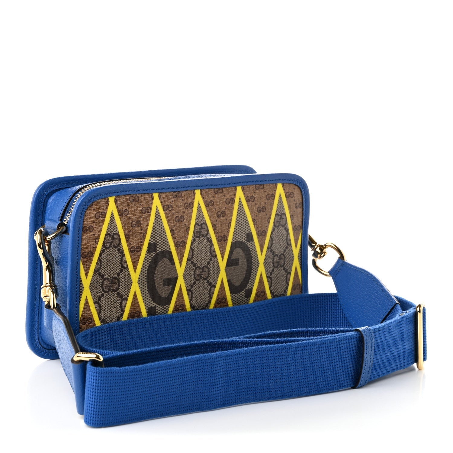 Gucci GG Supreme Monogram Mix Textured Dollar Calfskin Rhombus Inlay Crossbody Bag Beige Ebony Harvest Joy Blue