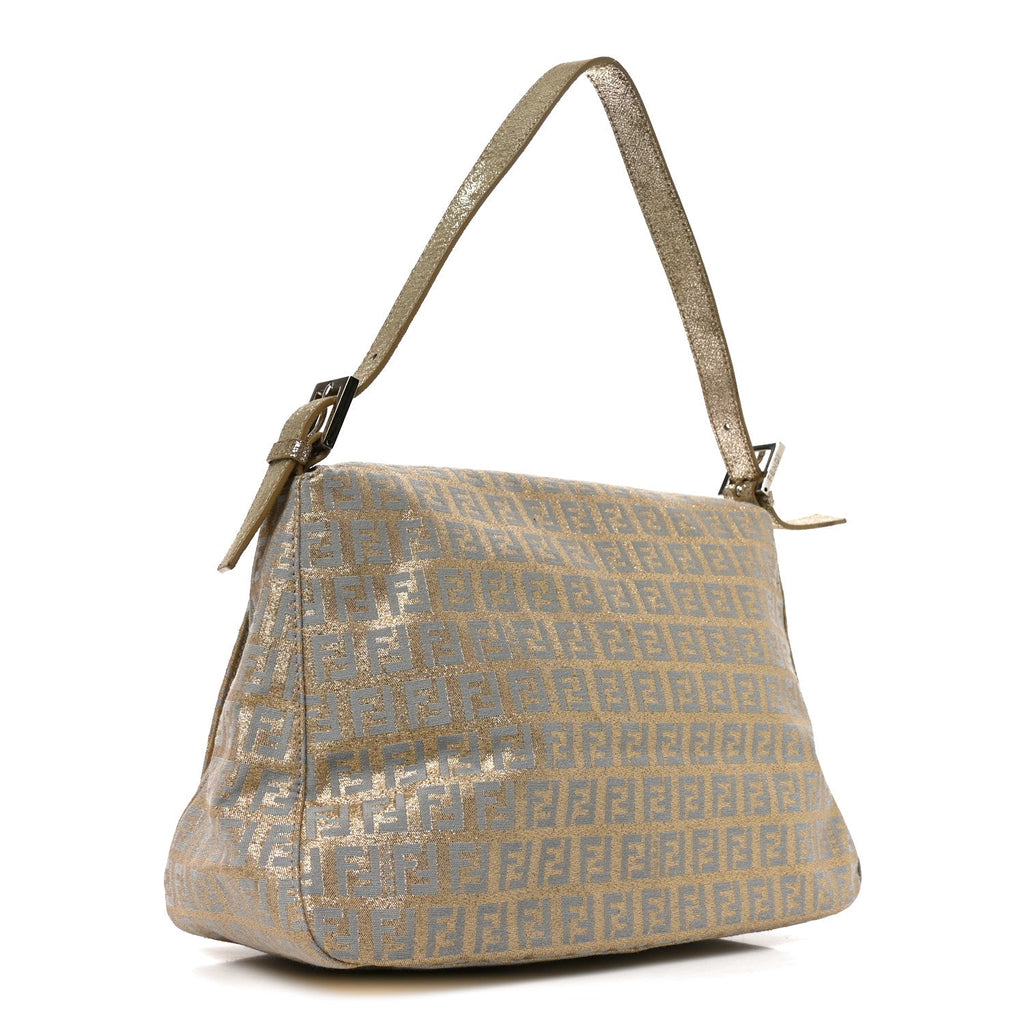 Fendi Metallic Jacquard Zucchino Suede Mama Baguette Peltro Argento Sabbia
