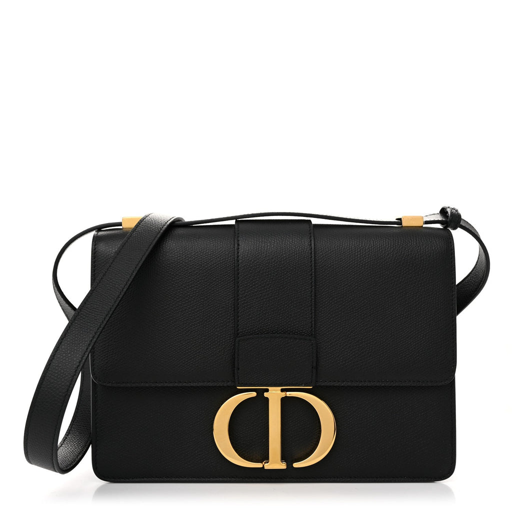 Front view — Dior 30 Montaigne Bag in black grained calfskin with gold-tone CD clasp closure and detachable leather shoulder strap