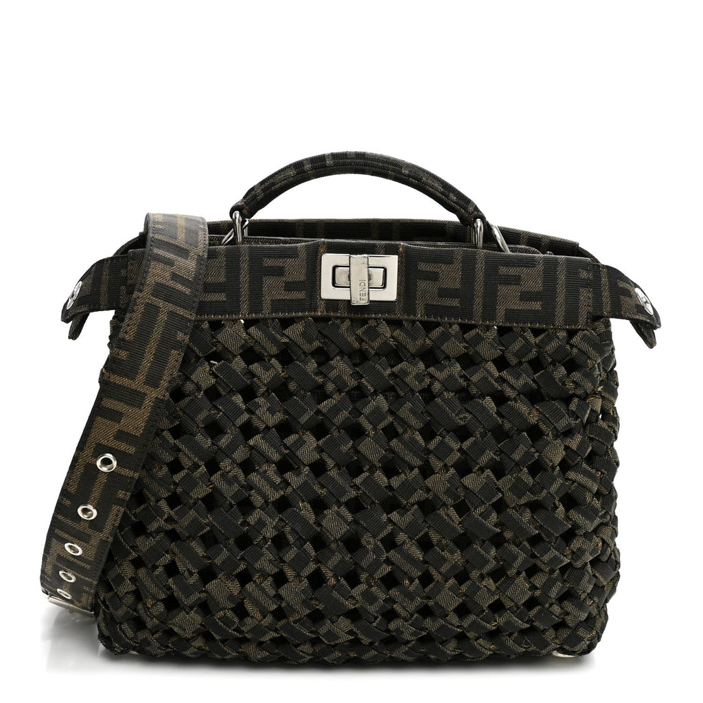 Fendi Fabric Jacquard FF 1974 Woven Knotted Mini Peekaboo I SEE U Satchel Tobacco Moro