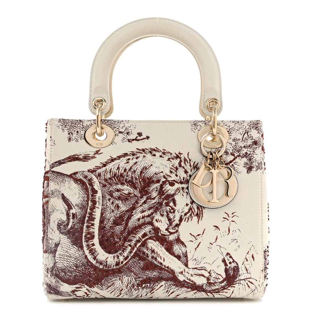 Dior Calfskin Embroidered Medium Toile De Jouy Lady Dior White Red