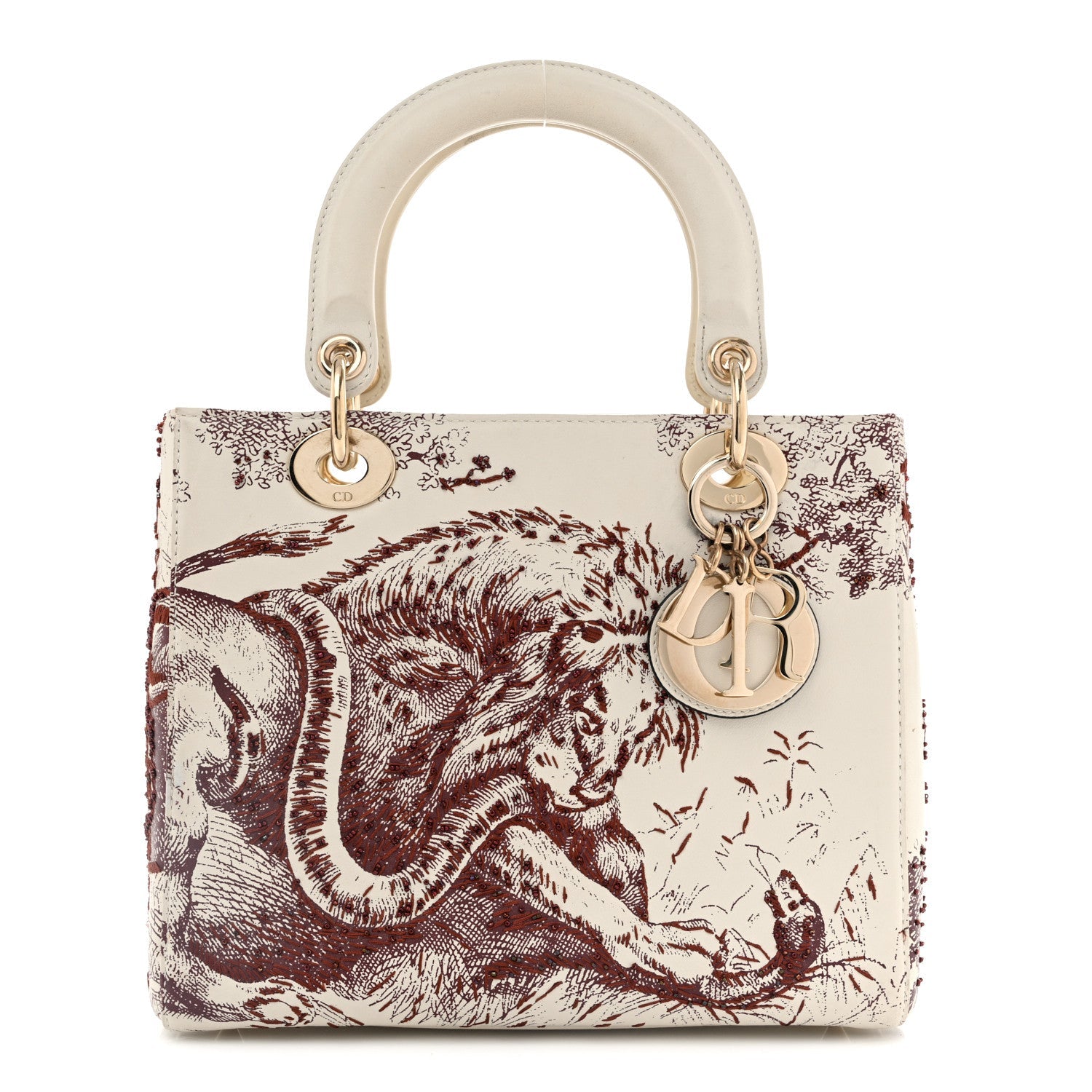 Dior Calfskin Embroidered Medium Toile De Jouy Lady Dior White Red