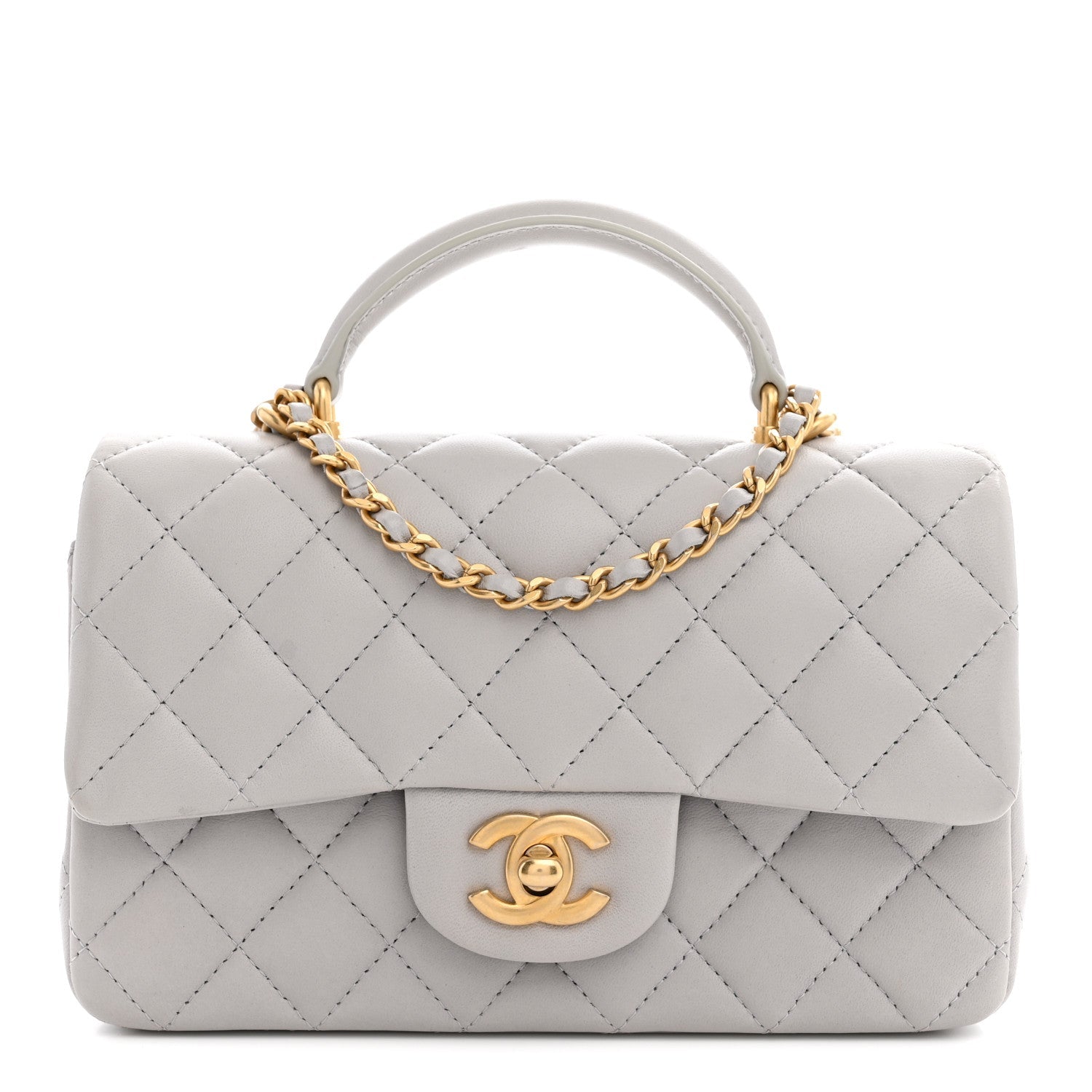 Chanel Lambskin Quilted Mini Top Handle Rectangular Flap Grey