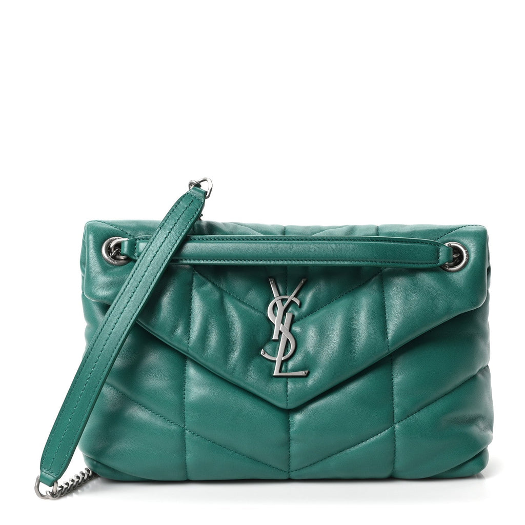 Saint Laurent Lambskin Quilted Small Loulou Puffer Monogram Chain Satchel Green Field