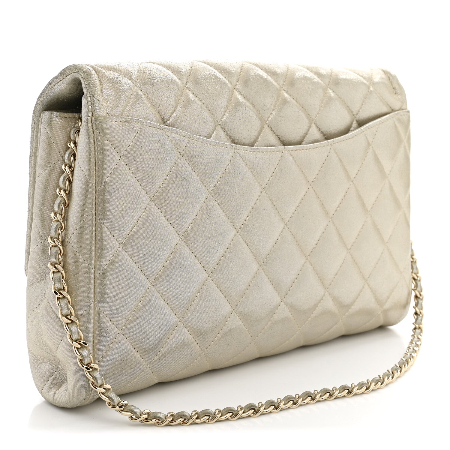 Chanel Iridescent Calfskin Quilted Clutch With Chain Flap Light Gold
