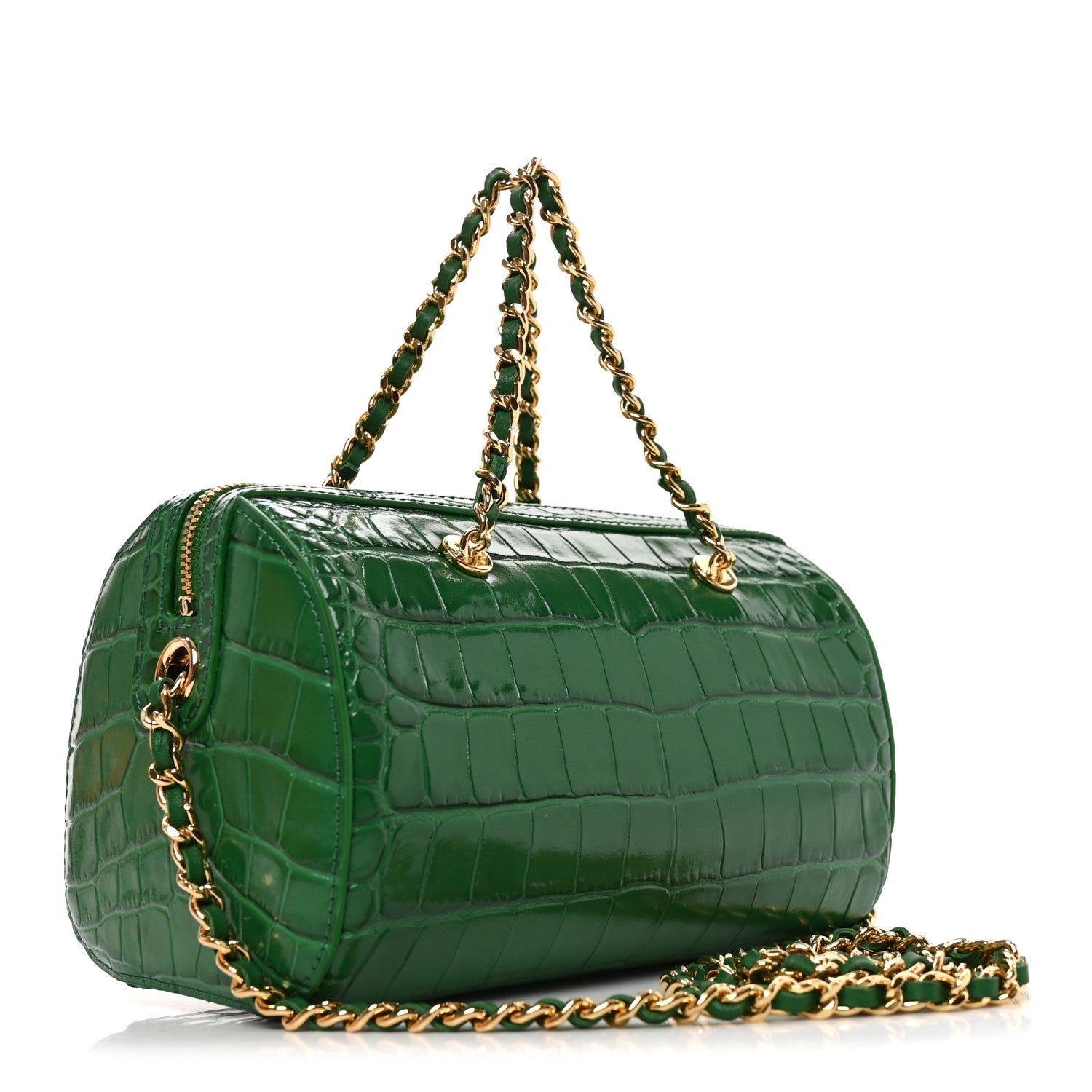 Chanel Calfskin Crocodile Embossed Mini Bowling Clutch With Chain Green