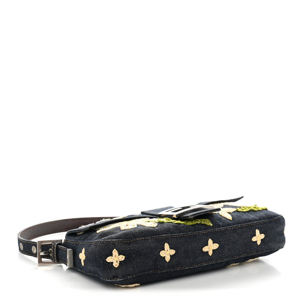 Fendi Denim Flower Applique Baguette Blue
