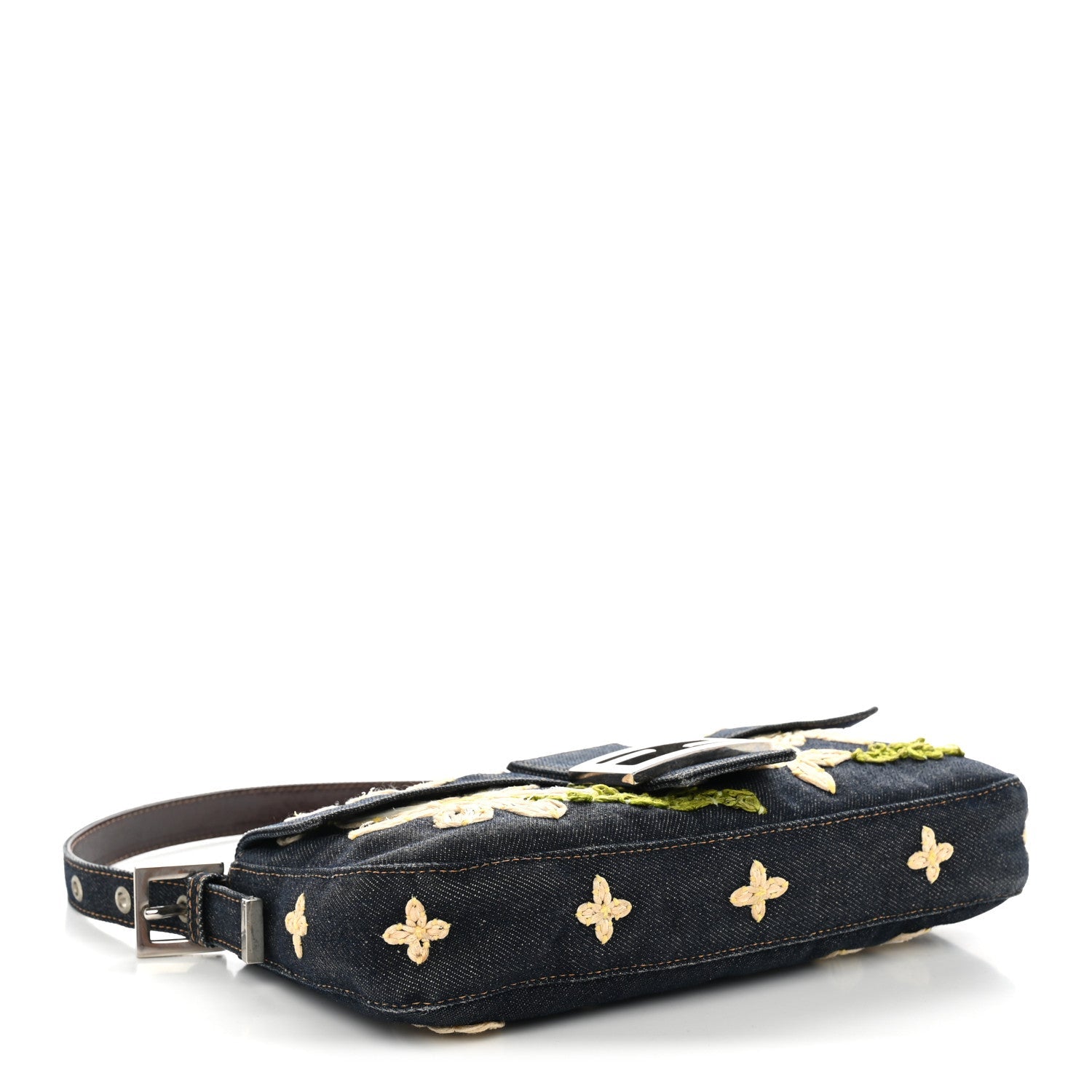 Fendi Denim Flower Applique Baguette Blue