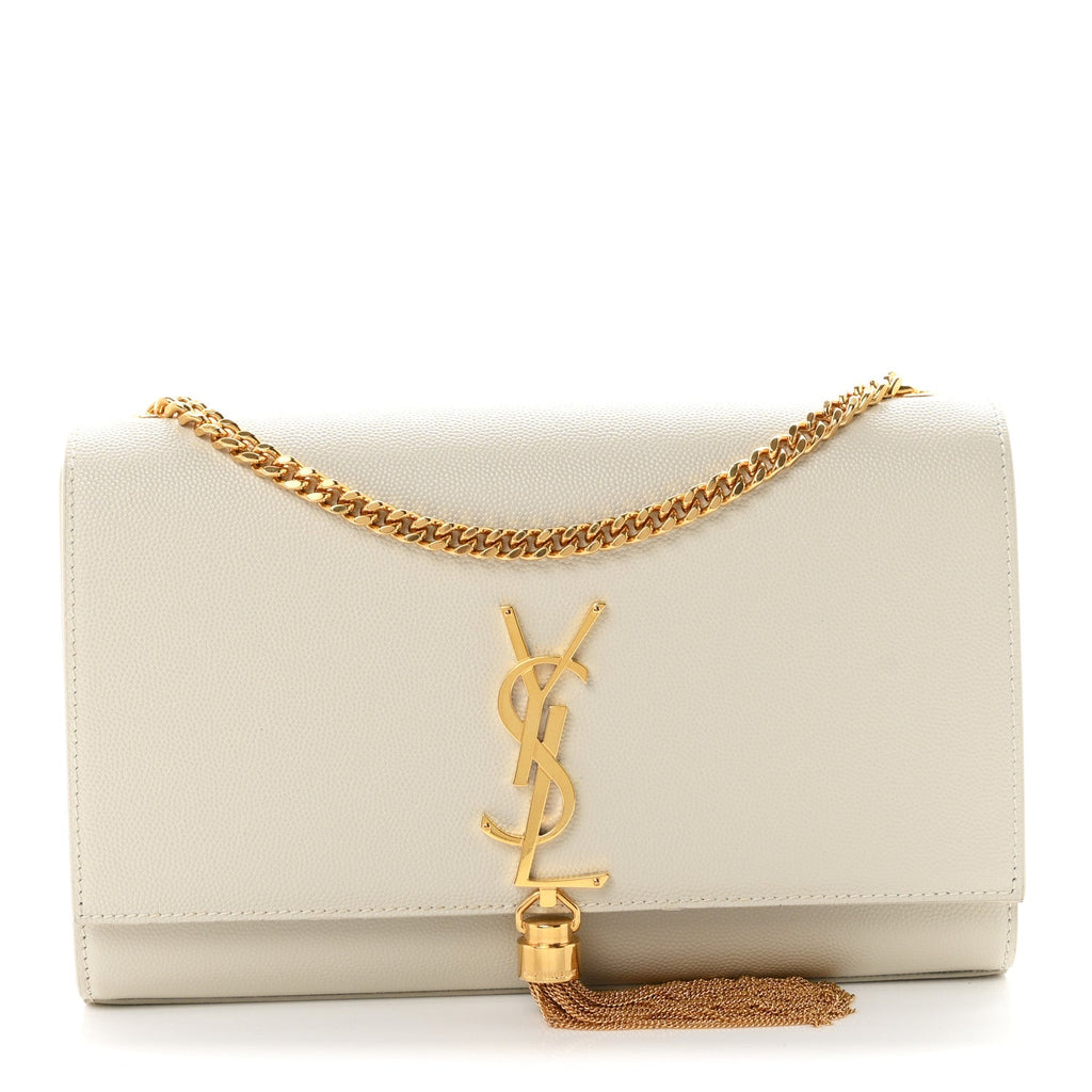 Saint Laurent Grain De Poudre Calfskin Medium Classic Monogram Kate Tassel Satchel Crema Soft