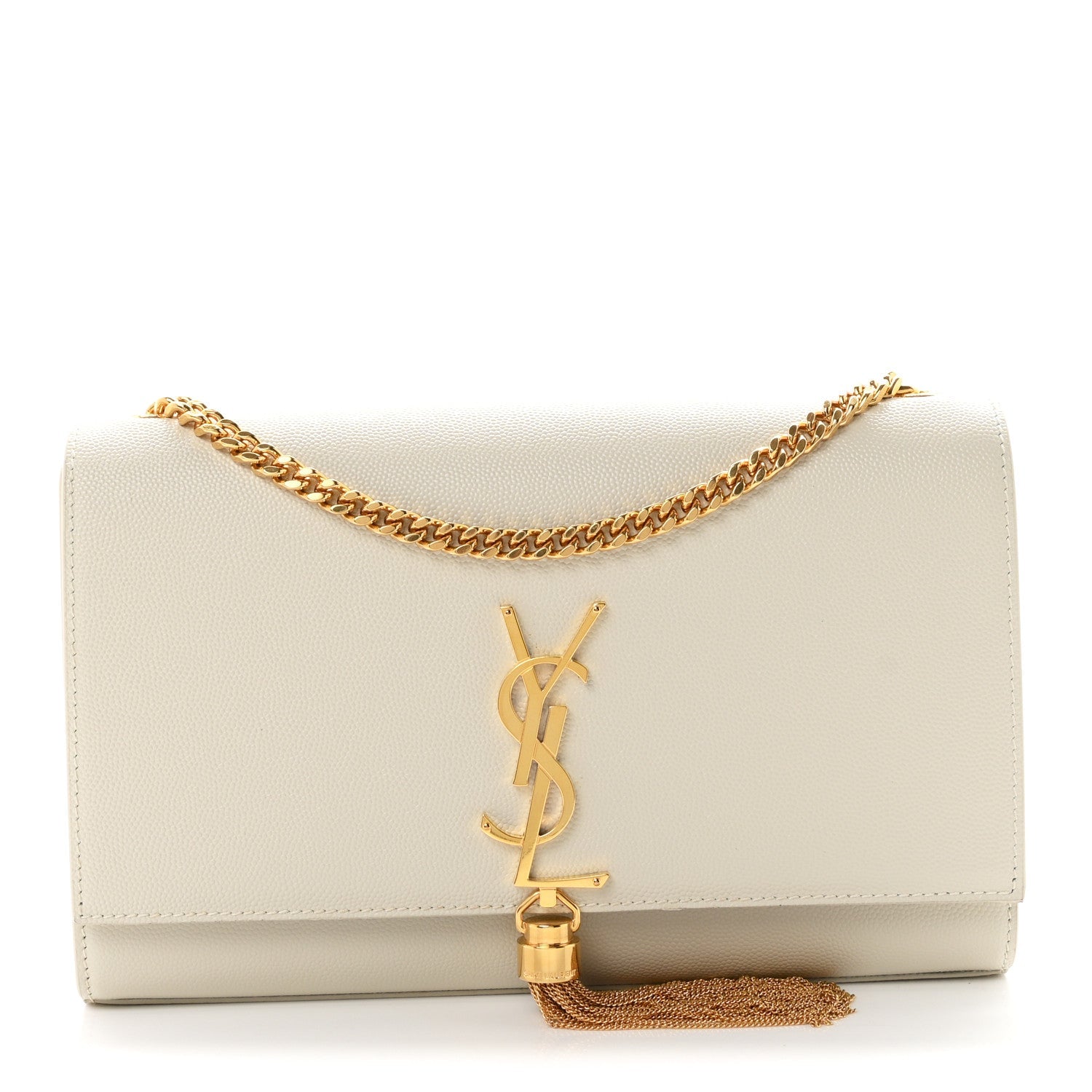 Saint Laurent Grain De Poudre Calfskin Medium Classic Monogram Kate Tassel Satchel Crema Soft