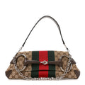 Gucci Monogram Textured Dollar Calfskin Heavy Grosgrain Web Medium Maxi Horsebit Chain Shoulder Bag Beige Ebony New Acero