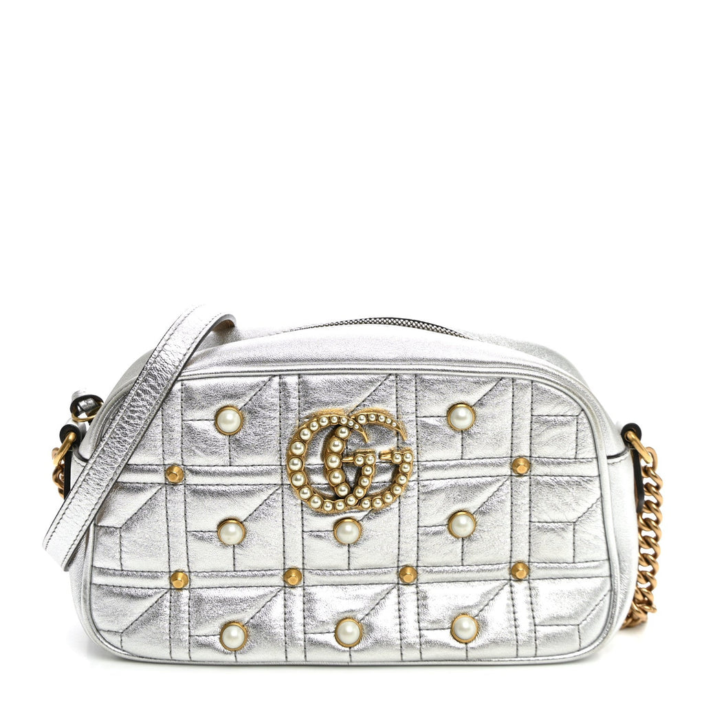 Gucci Metallic Calfskin Matelasse Studded Small Pearly GG Marmont Chain Shoulder Bag Silver