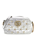 Gucci Metallic Calfskin Matelasse Studded Small Pearly GG Marmont Chain Shoulder Bag Silver