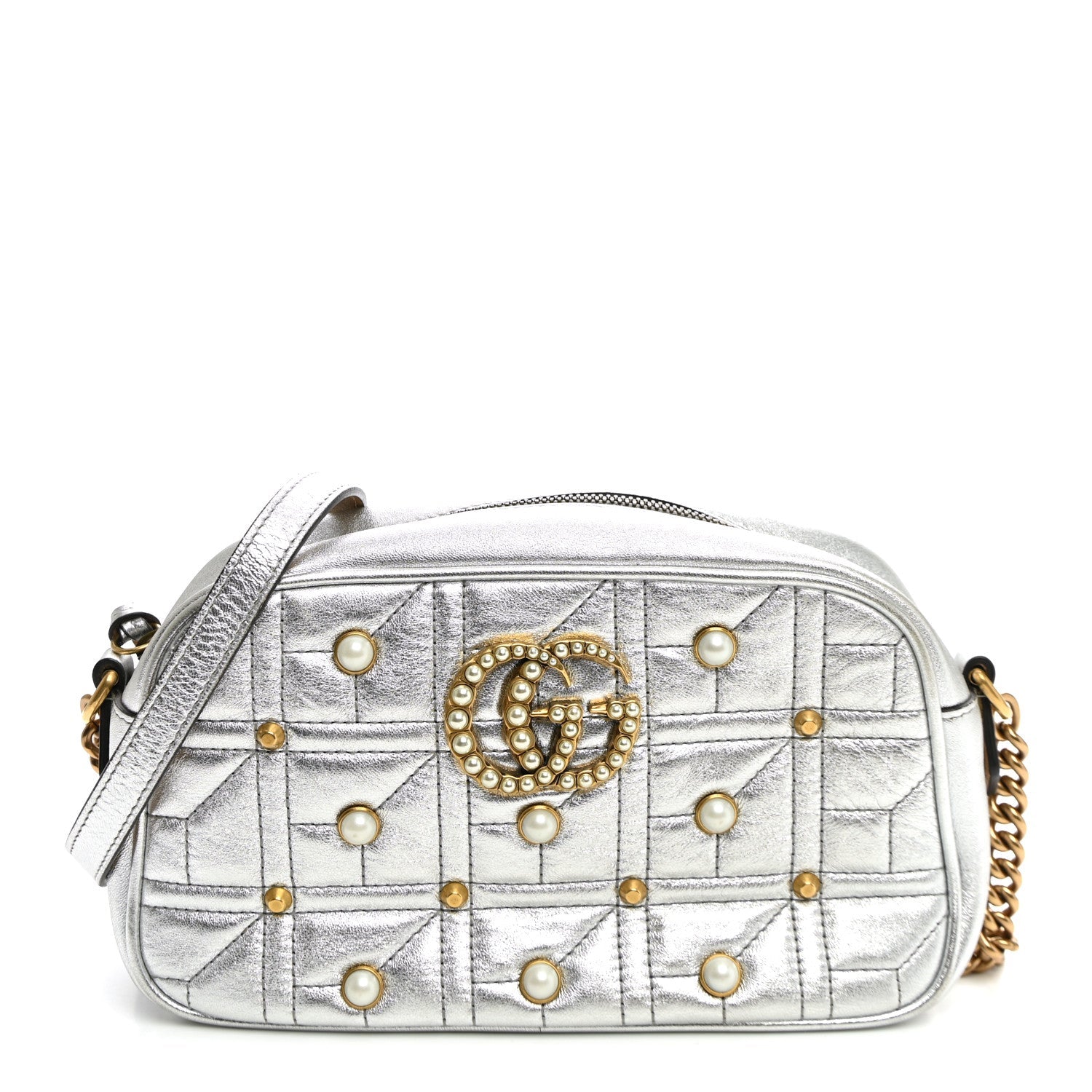 Gucci Metallic Calfskin Matelasse Studded Small Pearly GG Marmont Chain Shoulder Bag Silver
