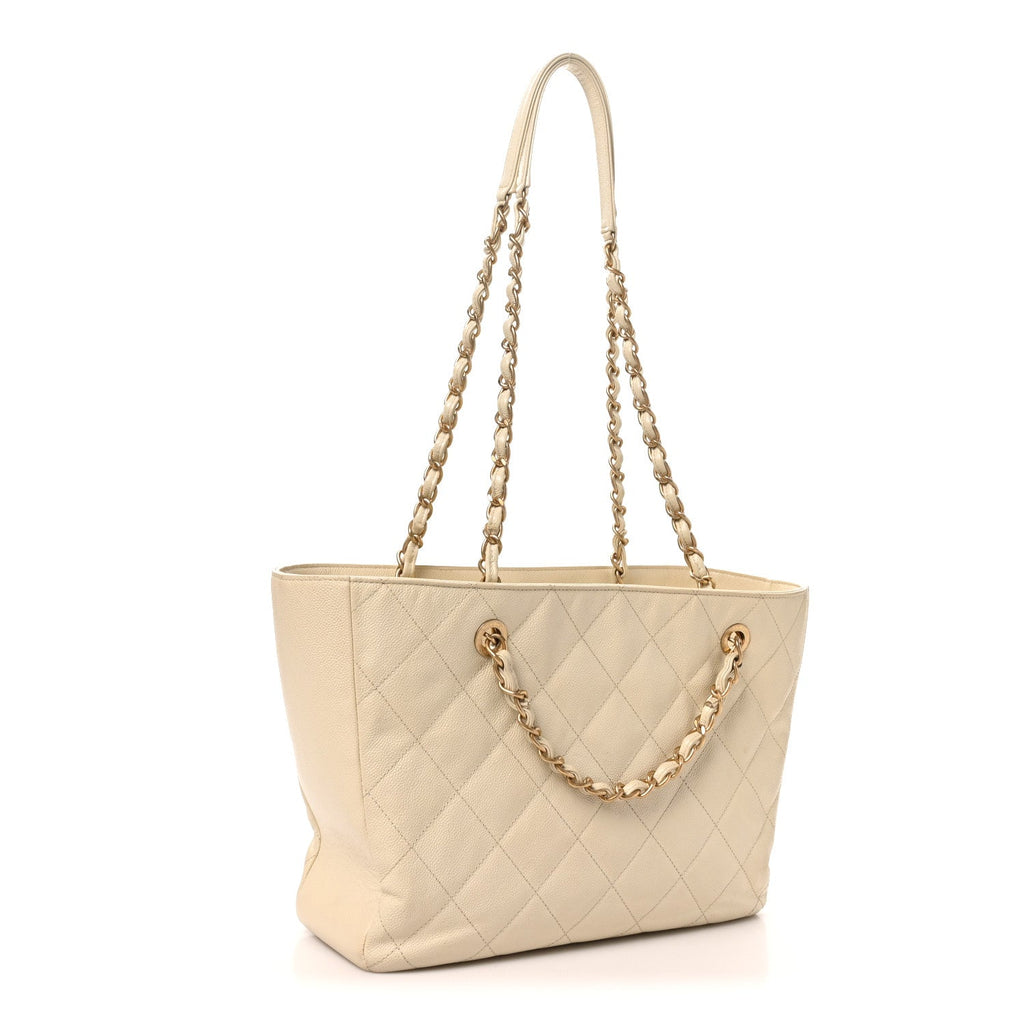 Chanel Caviar Quilted Small Trapezoid Chain Shopping Tote Ivory