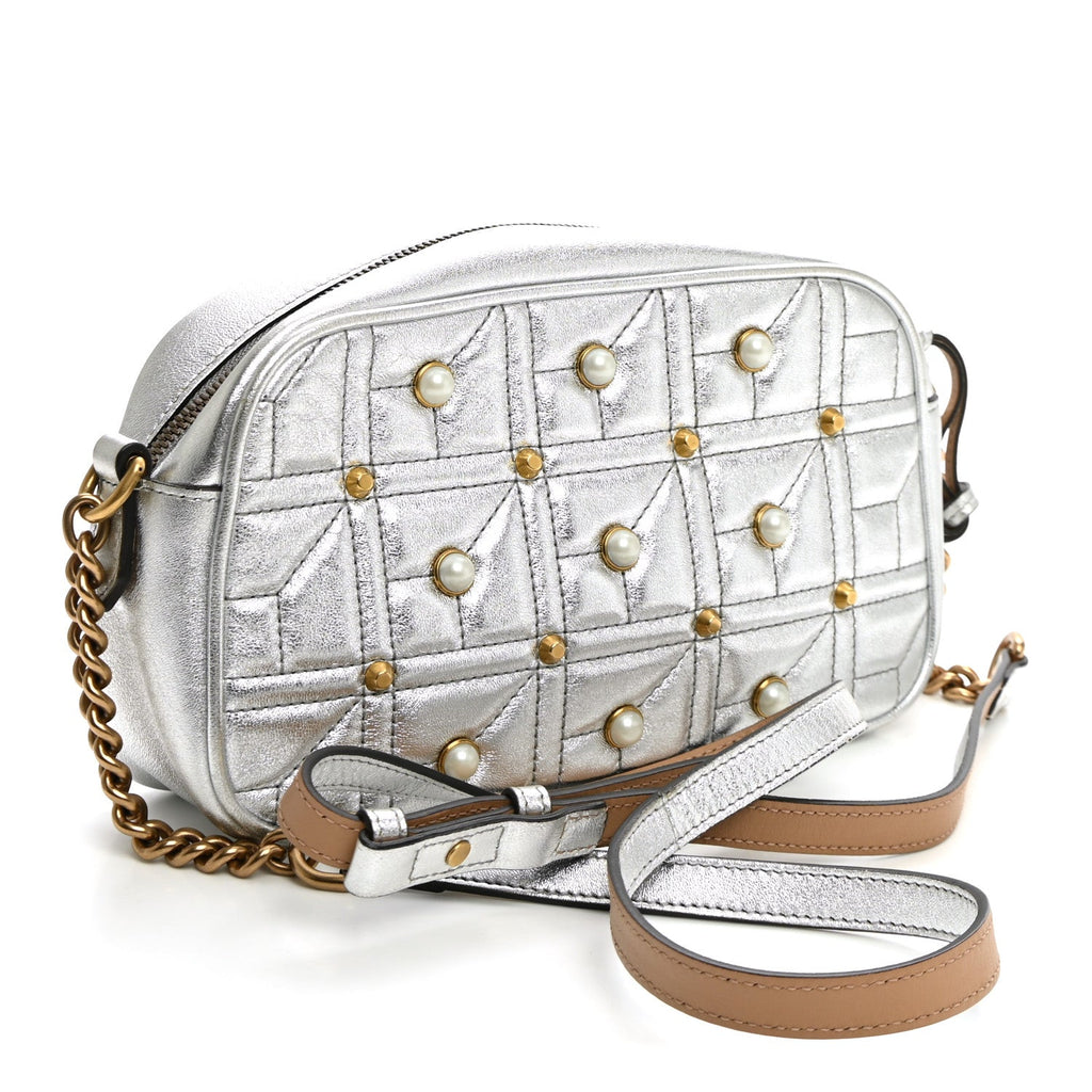 Gucci Metallic Calfskin Matelasse Studded Small Pearly GG Marmont Chain Shoulder Bag Silver