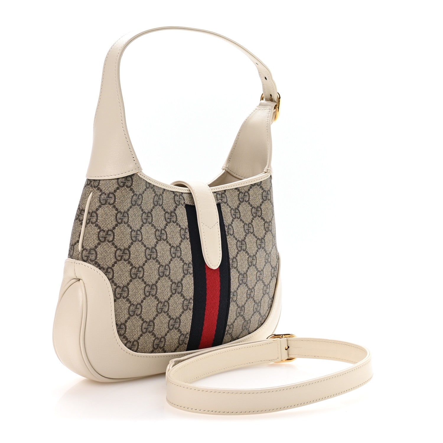 Gucci GG Supreme Monogram Azalea Calfskin Web Small Jackie 1961 Hobo Beige Ebony Mystic White