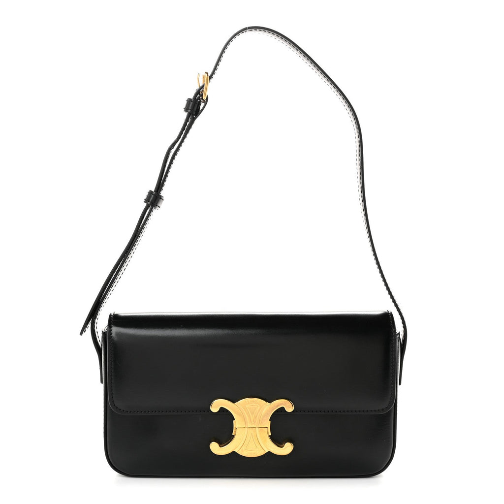 Celine Shiny Calfskin Triomphe Shoulder Bag Black