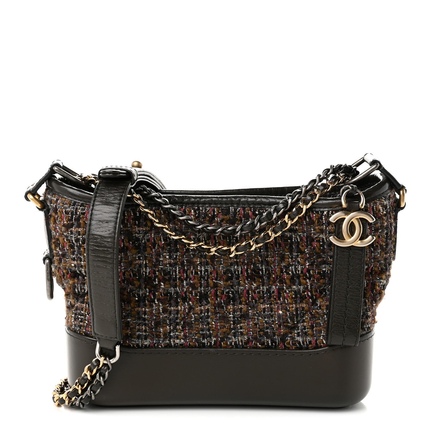 Chanel Tweed Calfskin Quilted Small Gabrielle Hobo Brown