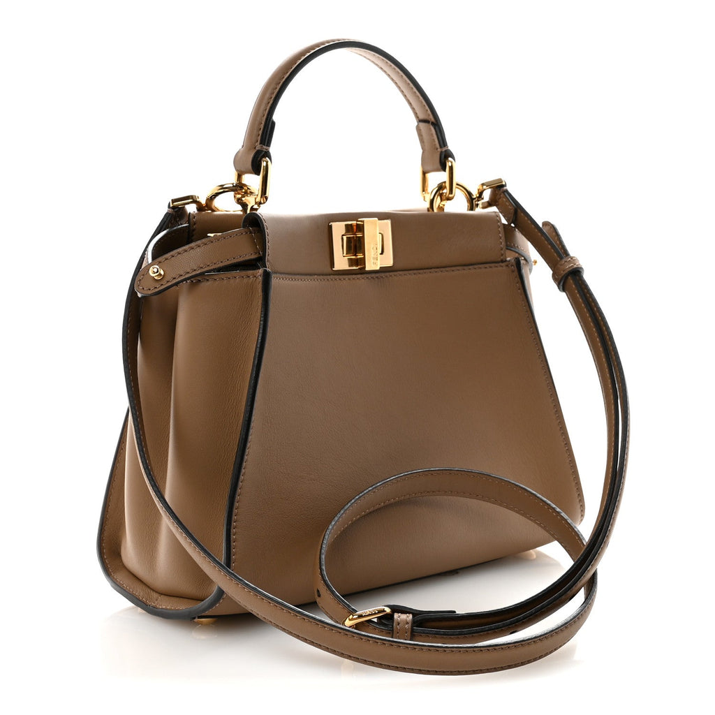 Fendi Vitello Seta Fabric Jacquard FF 1974 Mini Peekaboo Iconic Satchel Sand Tobacco Moro
