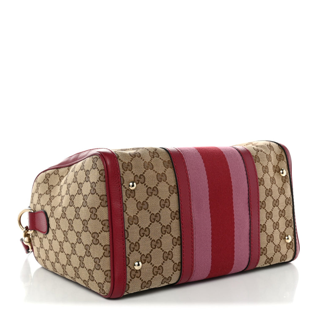 Gucci Monogram Cellarius Calfskin Vintage Web Medium Boston Beige Ebony Soft Burgundy Peonia Flower