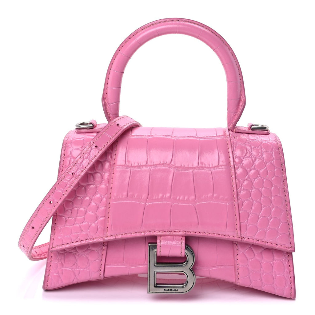 Balenciaga Shiny Calfskin Crocodile Embossed Hourglass Top Handle Bag XS Baby Pink