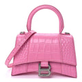 Balenciaga Shiny Calfskin Crocodile Embossed Hourglass Top Handle Bag XS Baby Pink