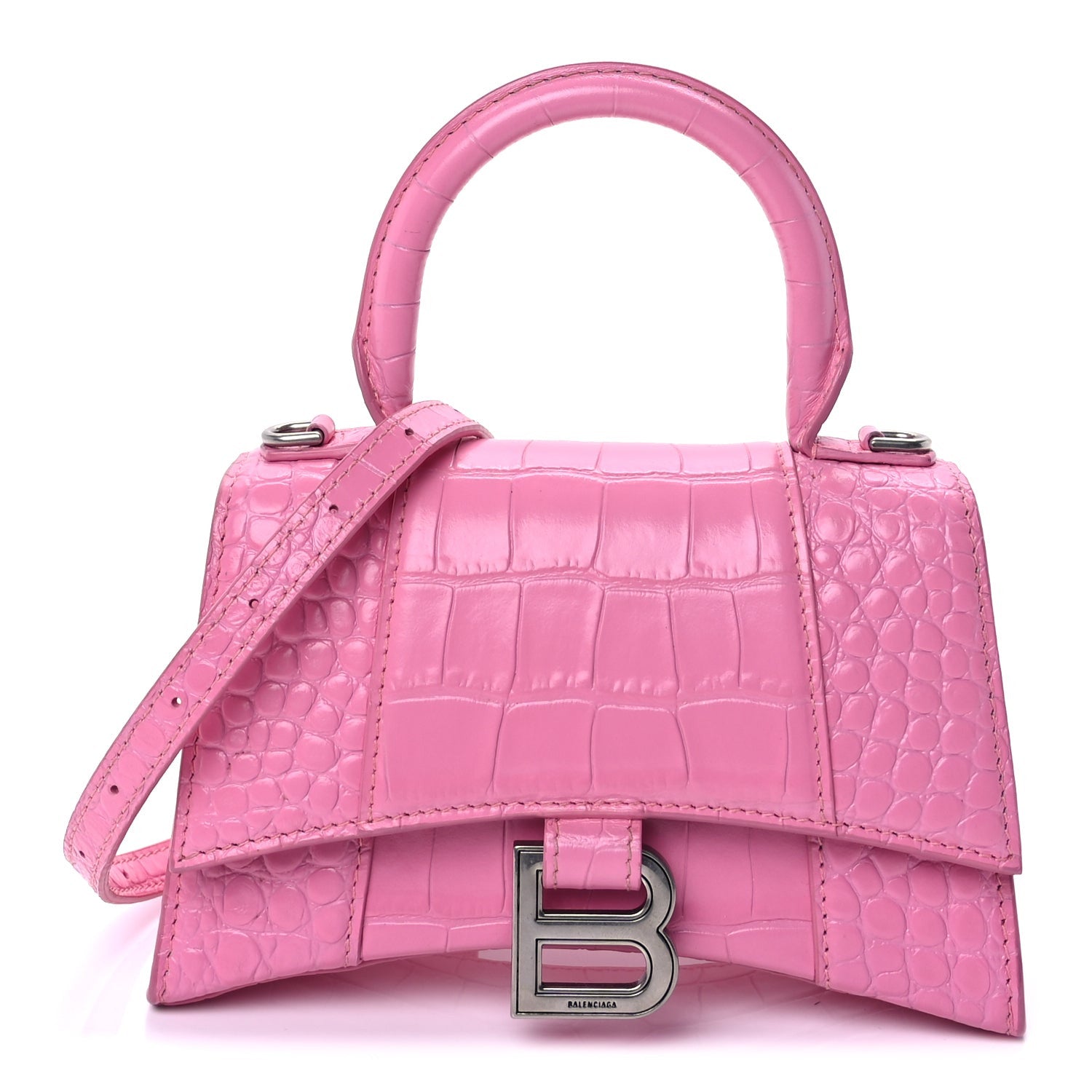 Balenciaga Shiny Calfskin Crocodile Embossed Hourglass Top Handle Bag XS Baby Pink