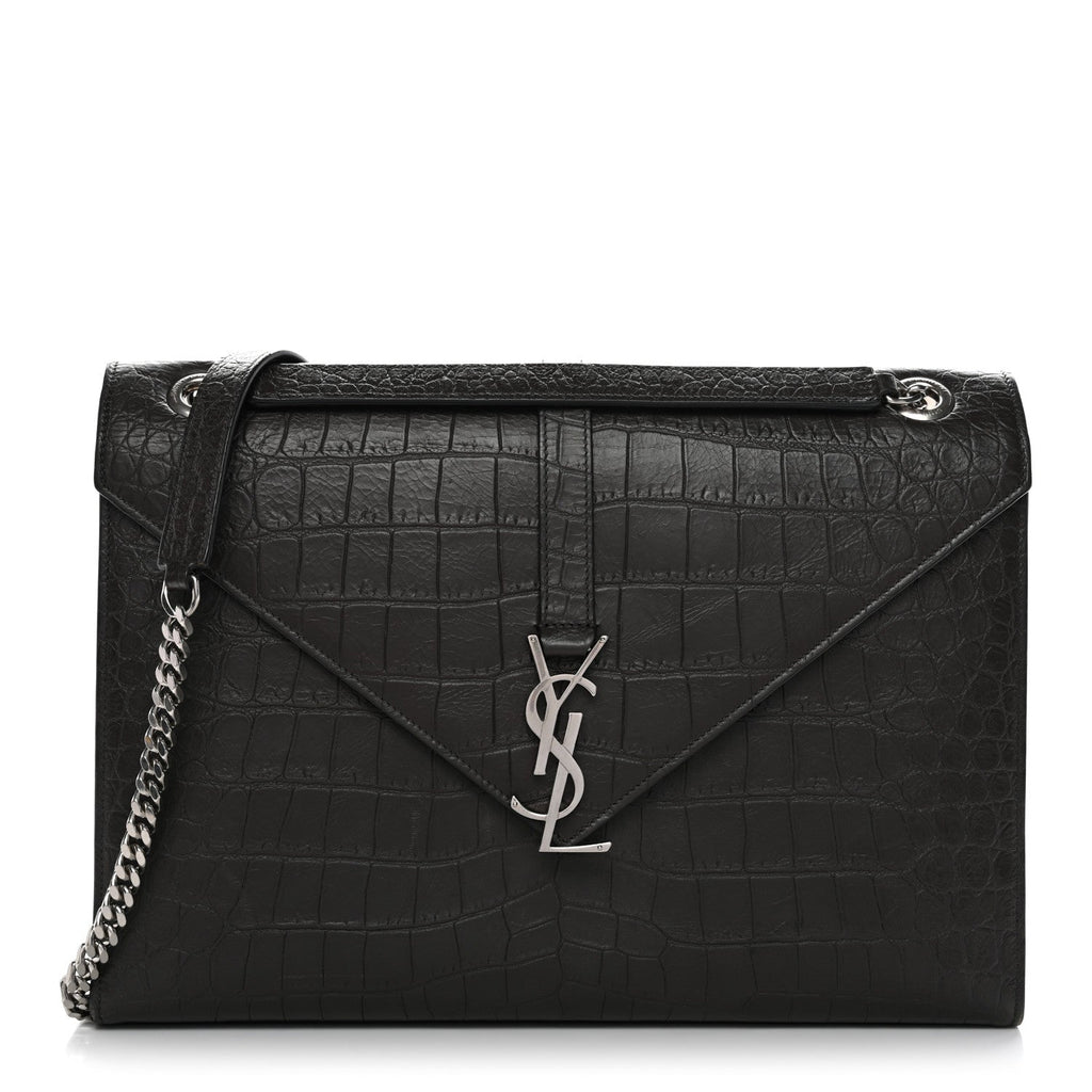 Saint Laurent Calfskin Crocodile Embossed Large Monogram Satchel Dark Brown