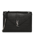 Saint Laurent Calfskin Crocodile Embossed Large Monogram Satchel Dark Brown