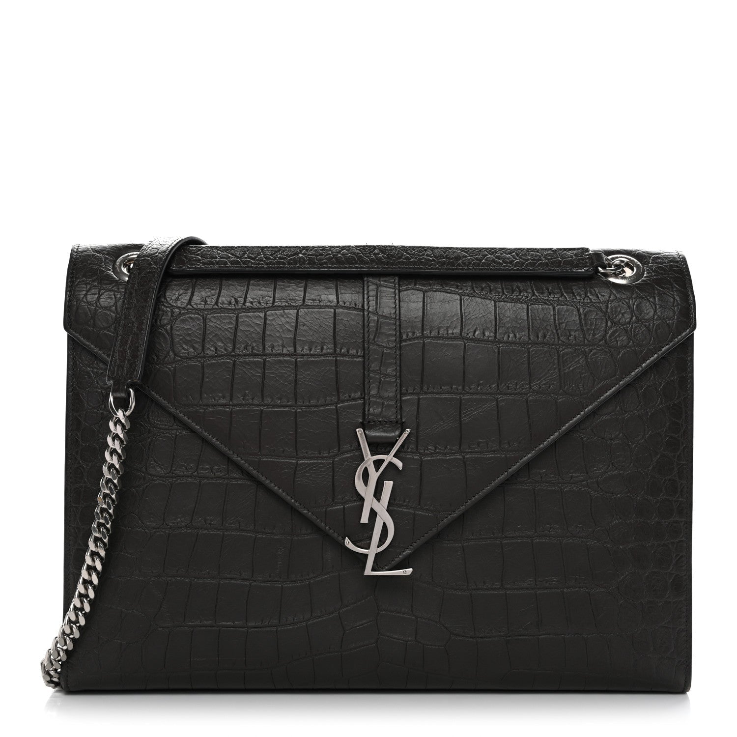 Saint Laurent Calfskin Crocodile Embossed Large Monogram Satchel Dark Brown