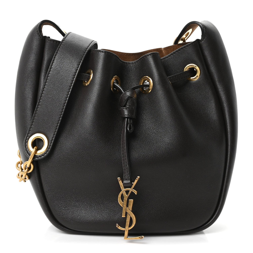 Saint Laurent Calfskin Cassandre Supple Bucket Bag Fondente Dark Cigar