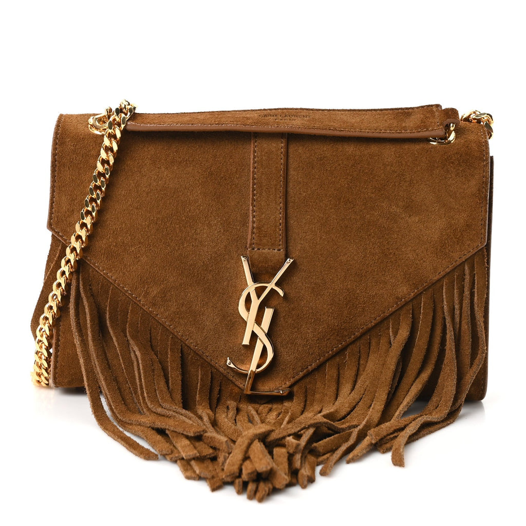 Saint Laurent Suede Fringe Small Monogram Satchel Light Ocre