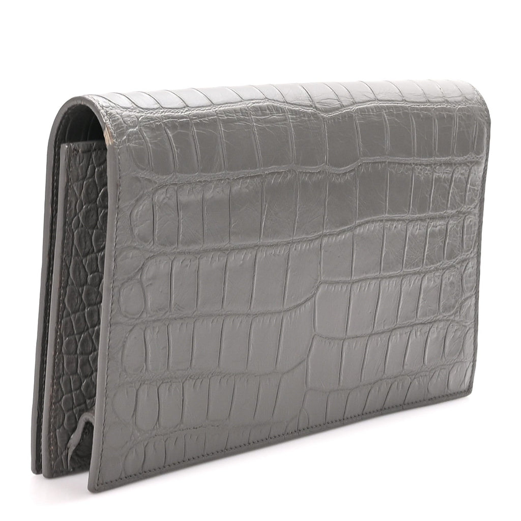 Saint Laurent Croc Embossed Calfskin Classic Kate Monogram Clutch Fog