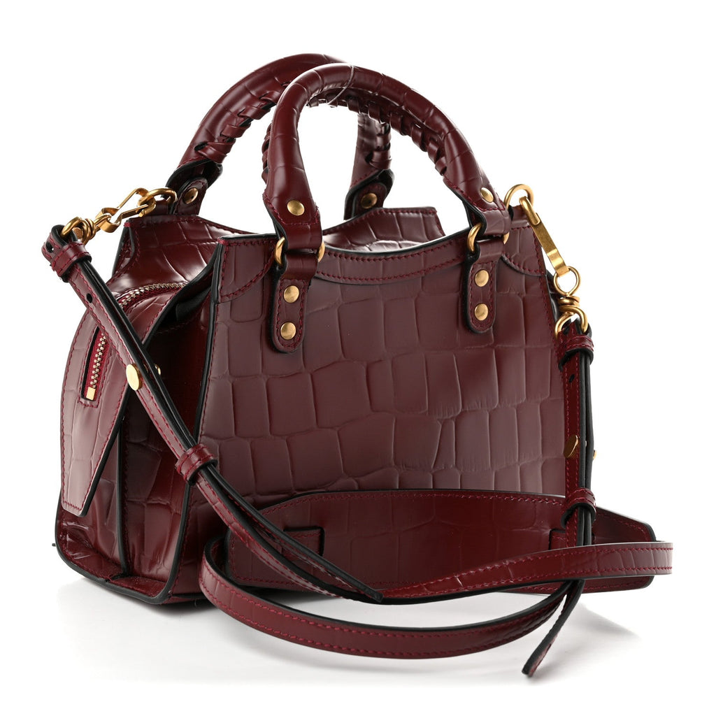 Balenciaga Semi Shiny Calfskin Crocodile Embossed Neo Classic Gold Hardware Mini City Dark Red
