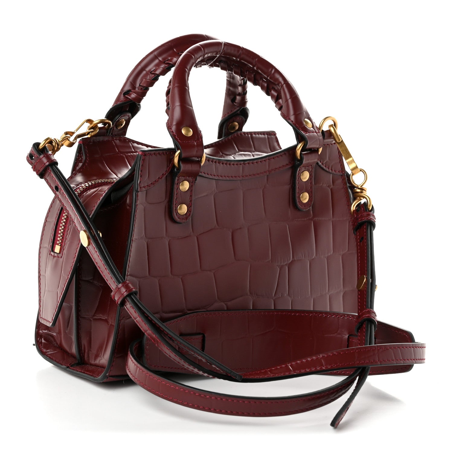 Balenciaga Semi Shiny Calfskin Crocodile Embossed Neo Classic Gold Hardware Mini City Dark Red