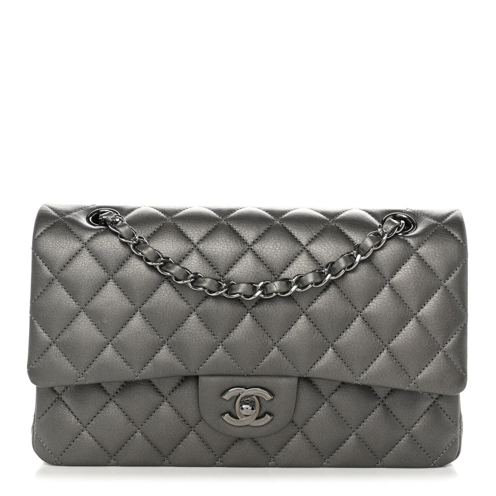 Chanel Metallic Calfskin Quilted Medium Double Flap Ruthenium Ruthenium