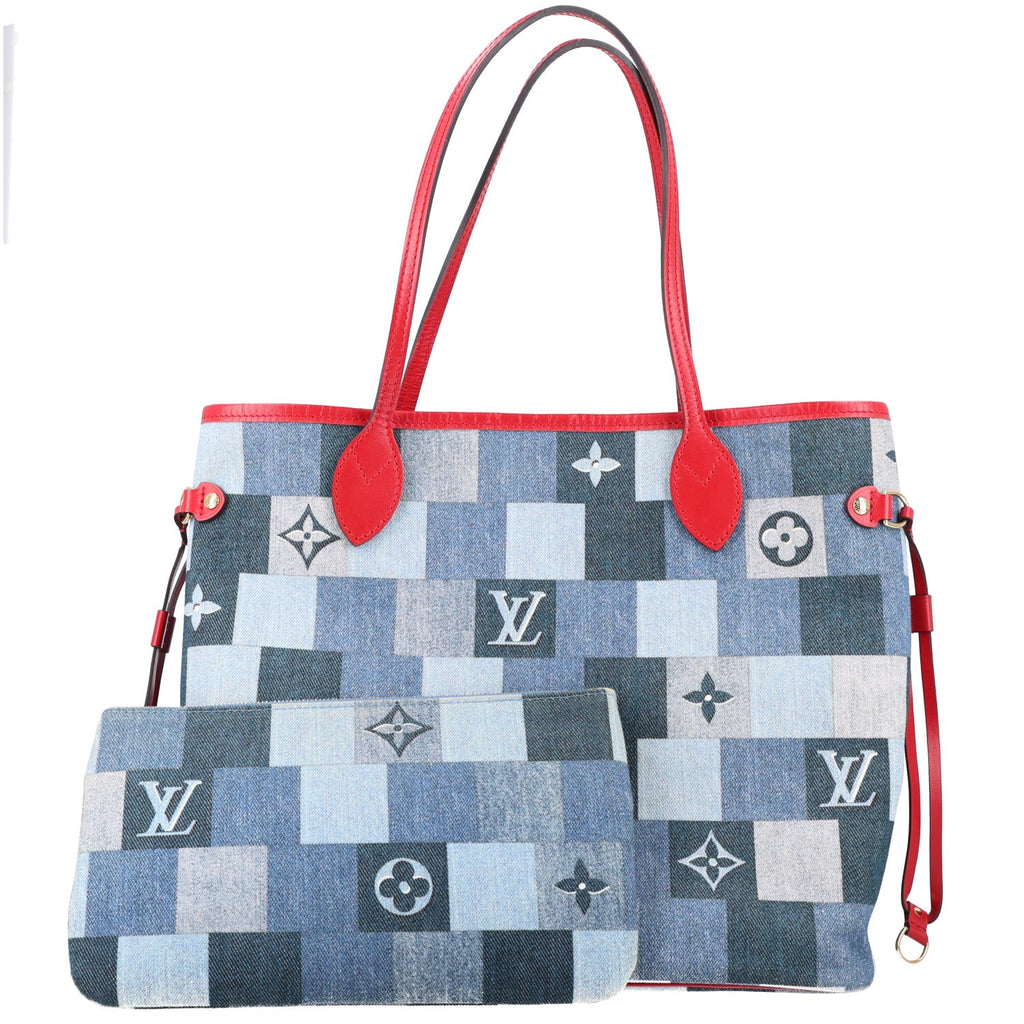 Louis Vuitton Denim Damier Monogram Patchwork Neverfull Blue Rouge
