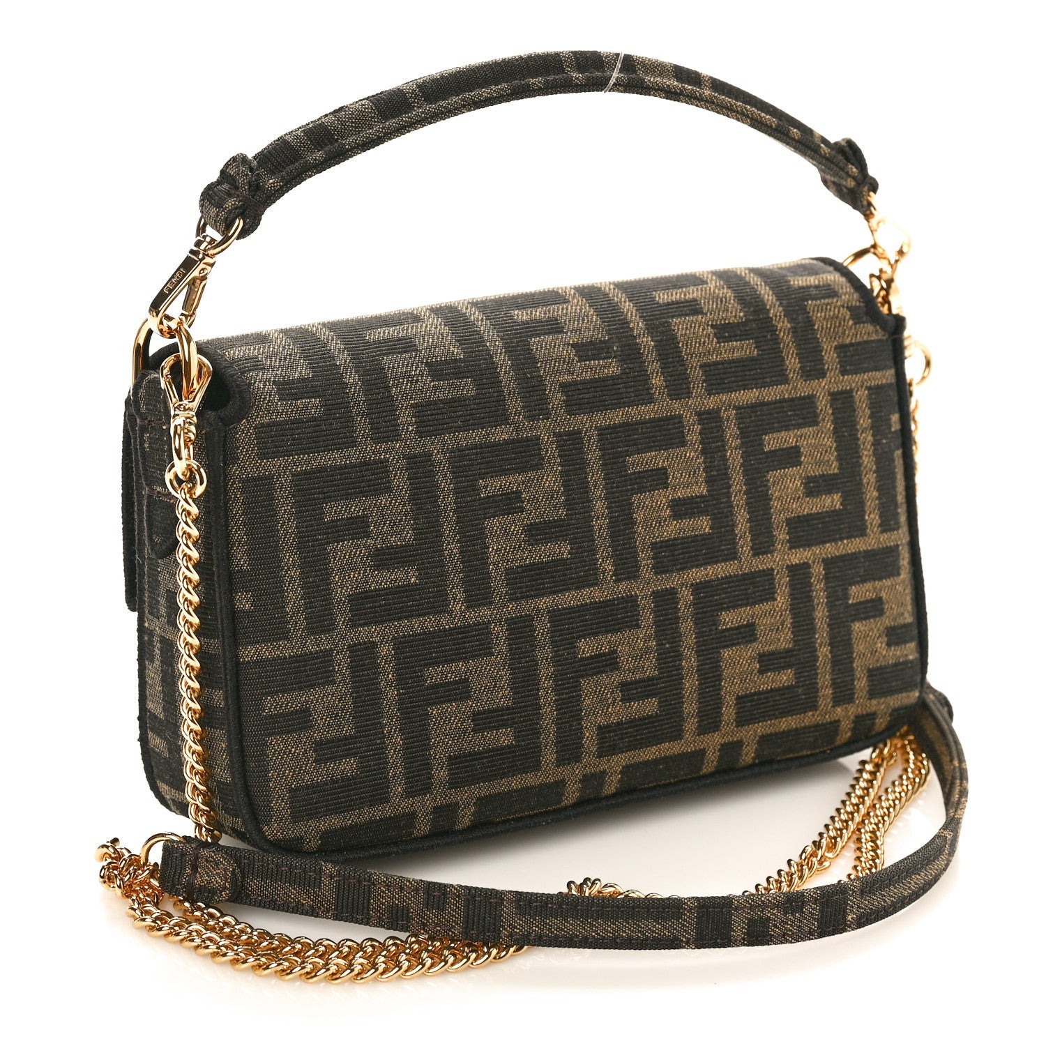Fendi Baguette Small FF jacquard bag 3/4 back view with chain strap